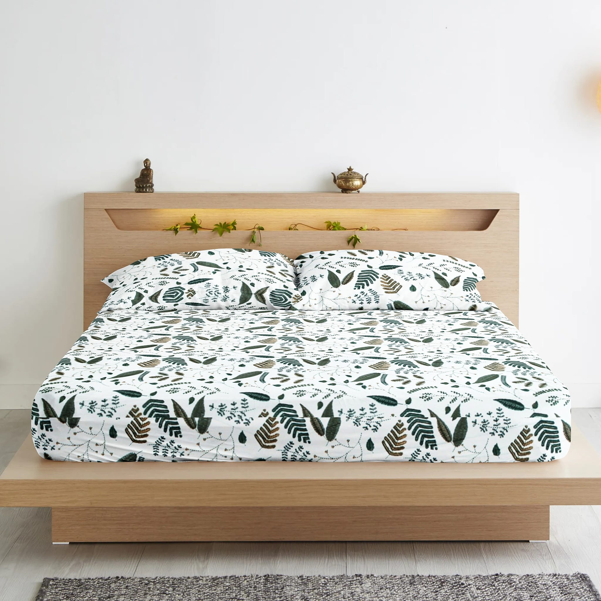 Soft Cotton Floral Print 250 TC Fitted Bedsheet In Green Online In India