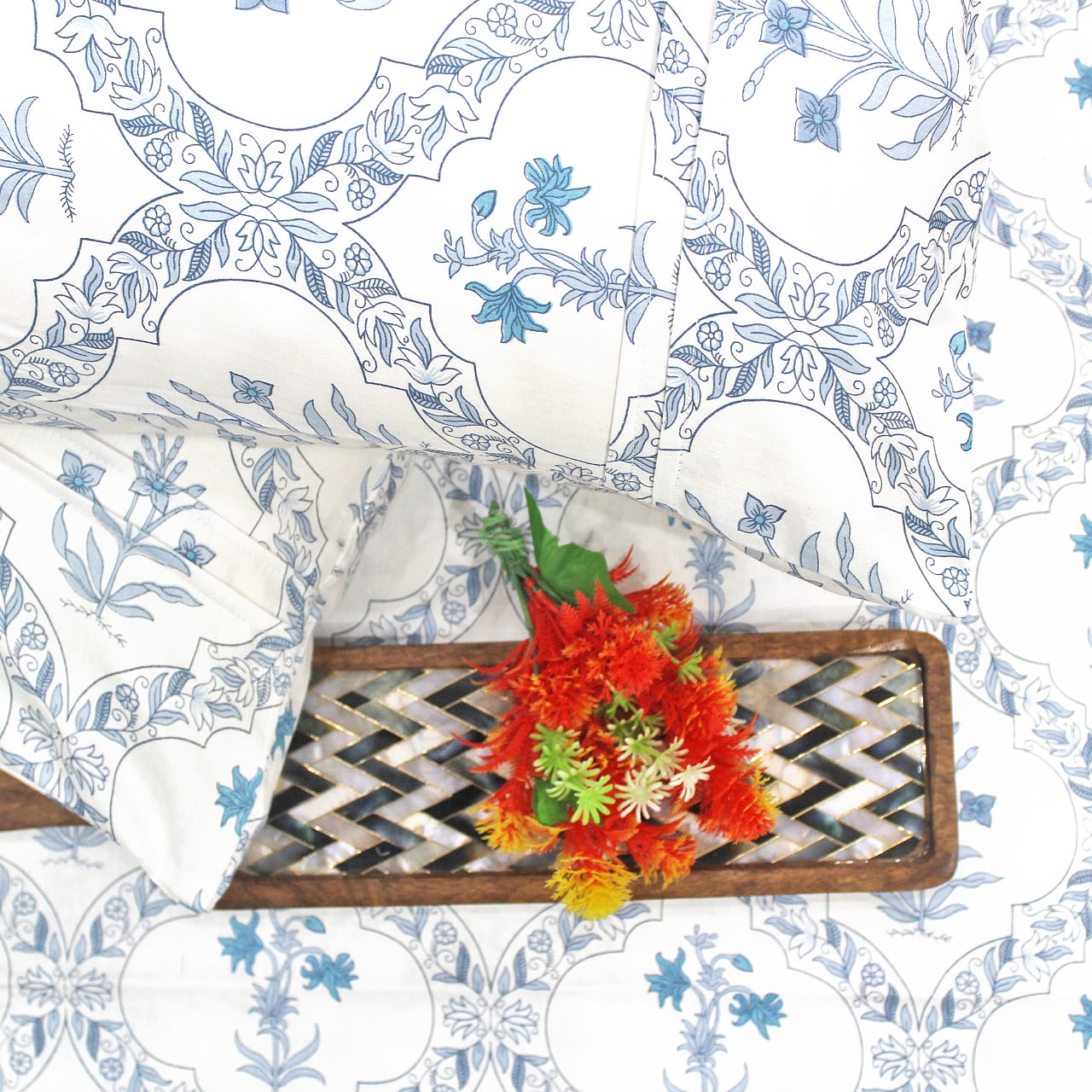 Soft 250 TC Printed Floral Cotton Fitted Bedsheet in Blue online at best prices