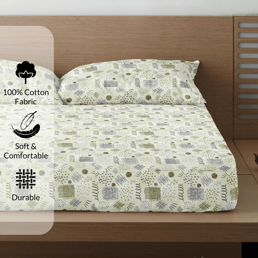 Printed Abstract Cotton 300 TC Bedsheet with Pillow Covers - Green