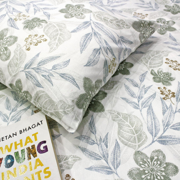 Printed Floral Cotton 300 TC Bedsheet with Pillow Covers - Green