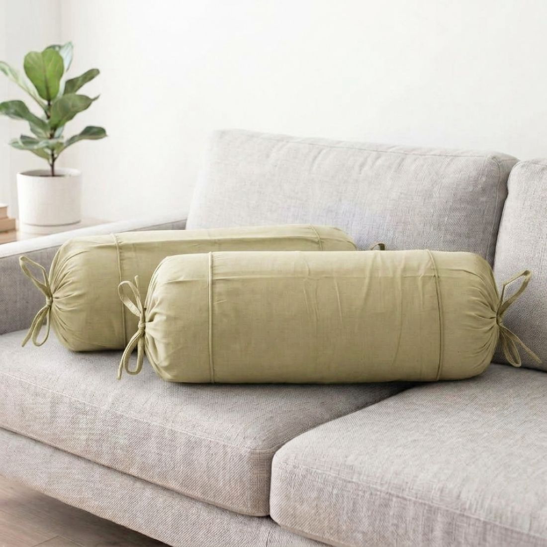 Plain Cotton 2 Pcs Bolster Cover Set - Khaki