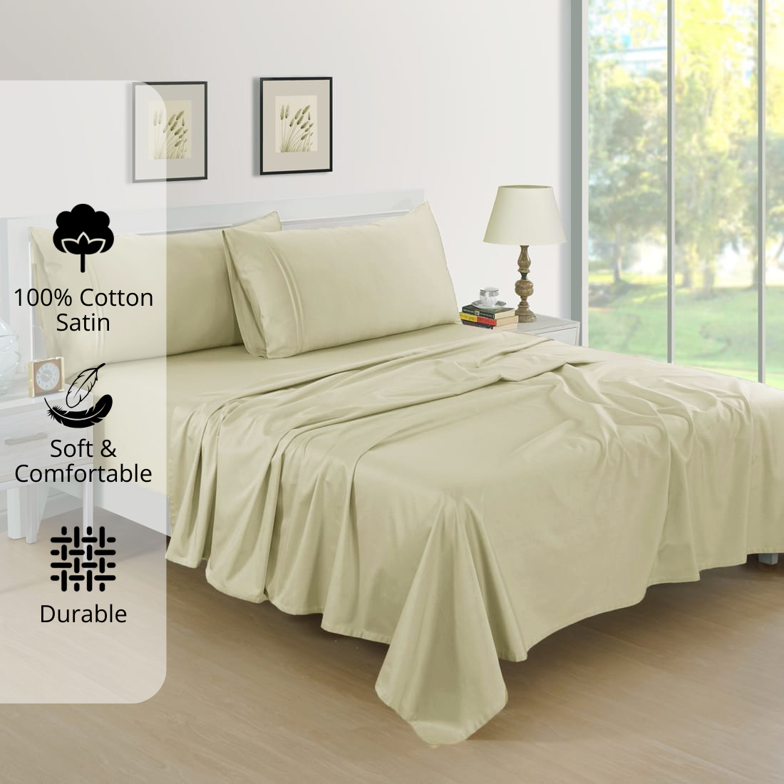 Plain Cotton Satin 400 TC Bedsheet with Pillow Covers - Khaki
