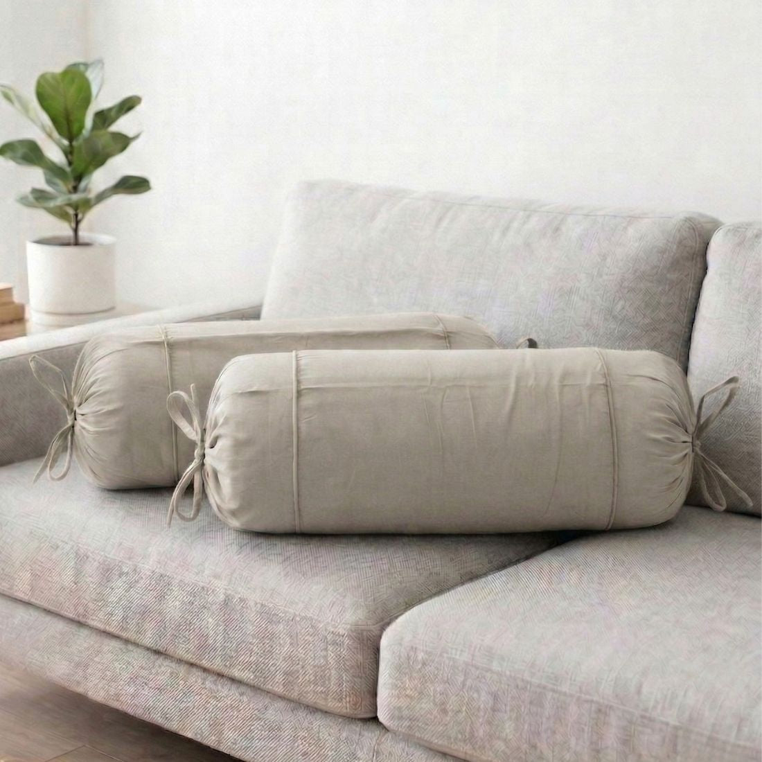 Plain Cotton 2 Pcs Bolster Cover Set - Khaki