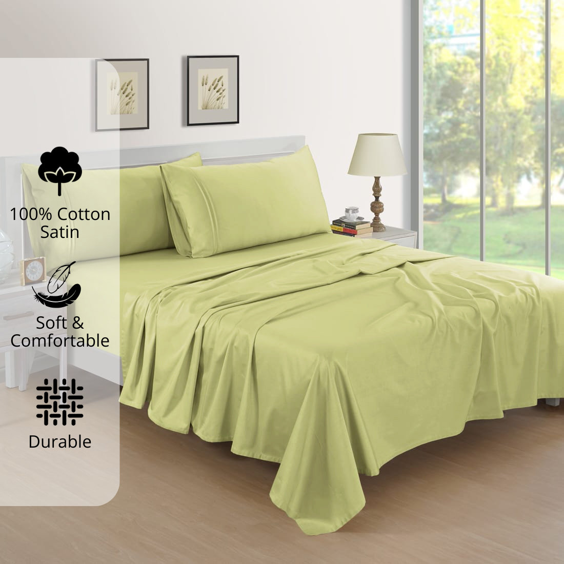 Plain Cotton Satin 400 TC Bedsheet with Pillow Covers - Light Green