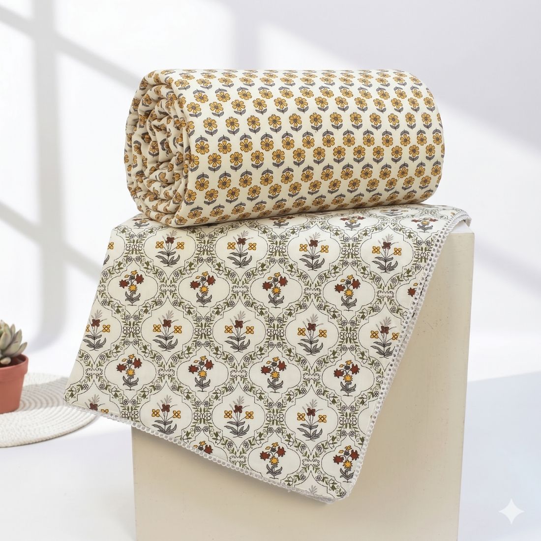 IRIS Designer Border Cotton Reversible Dohar, Mustard