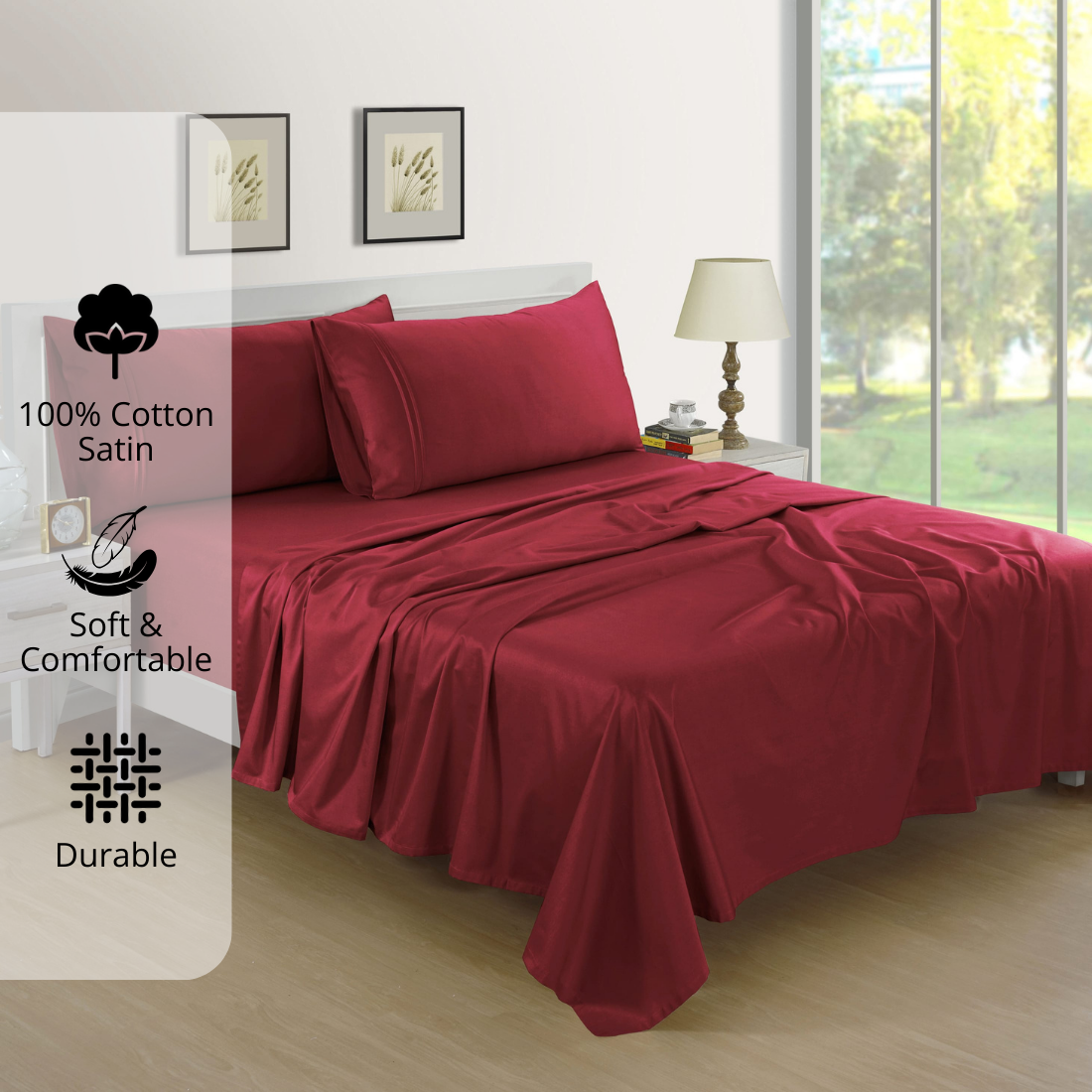 Plain Cotton Satin 400 TC Bedsheet with Pillow Covers - Maroon