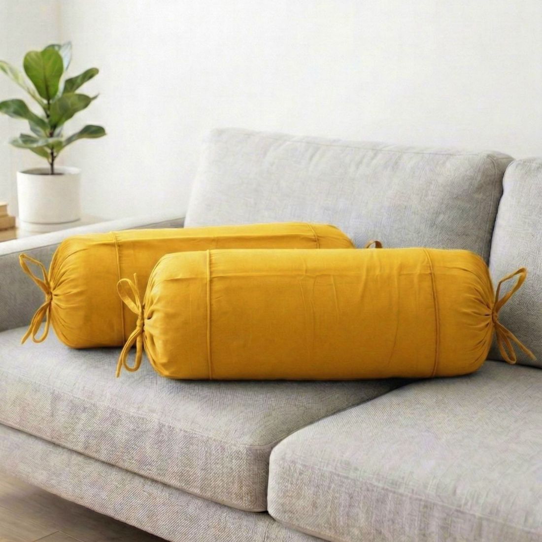 Plain Cotton 2 Pcs Bolster Cover Set - Mustard