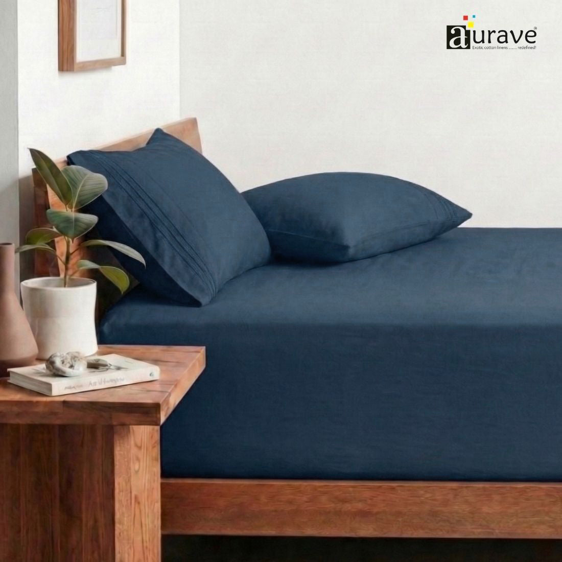 Luxury King Size Cotton Flat Bedsheet with Embroidered Pillow Covers - Navy Blue