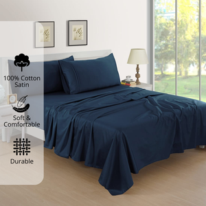 Plain Cotton Satin 400 TC Bedsheet with Pillow Covers - Navy Blue