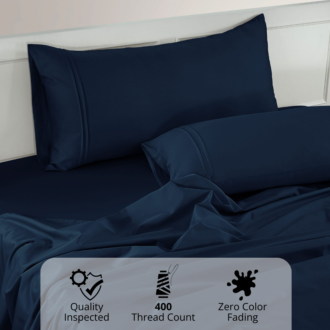 Plain Cotton Satin 400 TC Bedsheet with Pillow Covers - Navy Blue