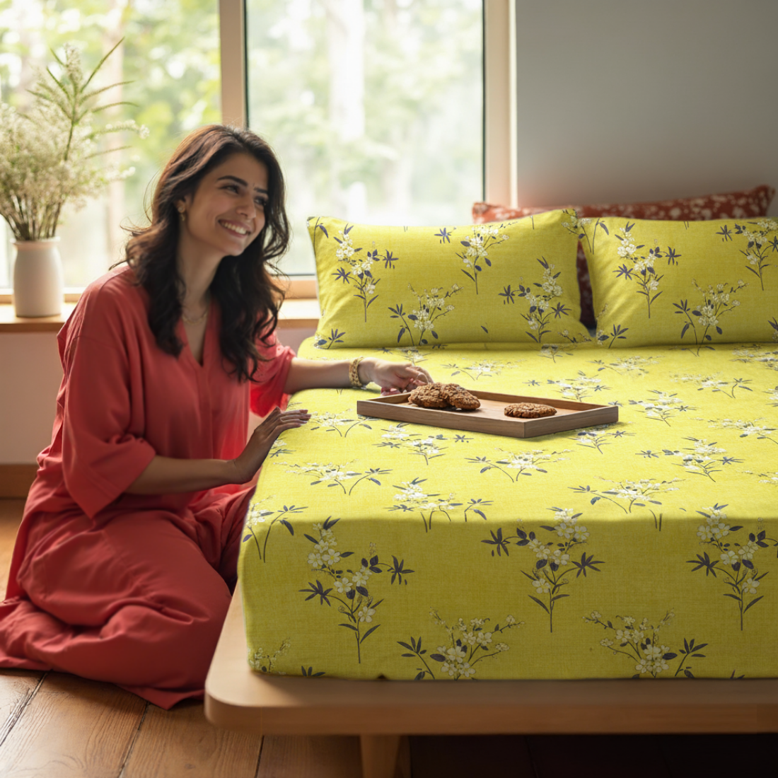 Floral 210 TC olive fitted bedsheet with matching pillow covers styled in a bright bedroom.