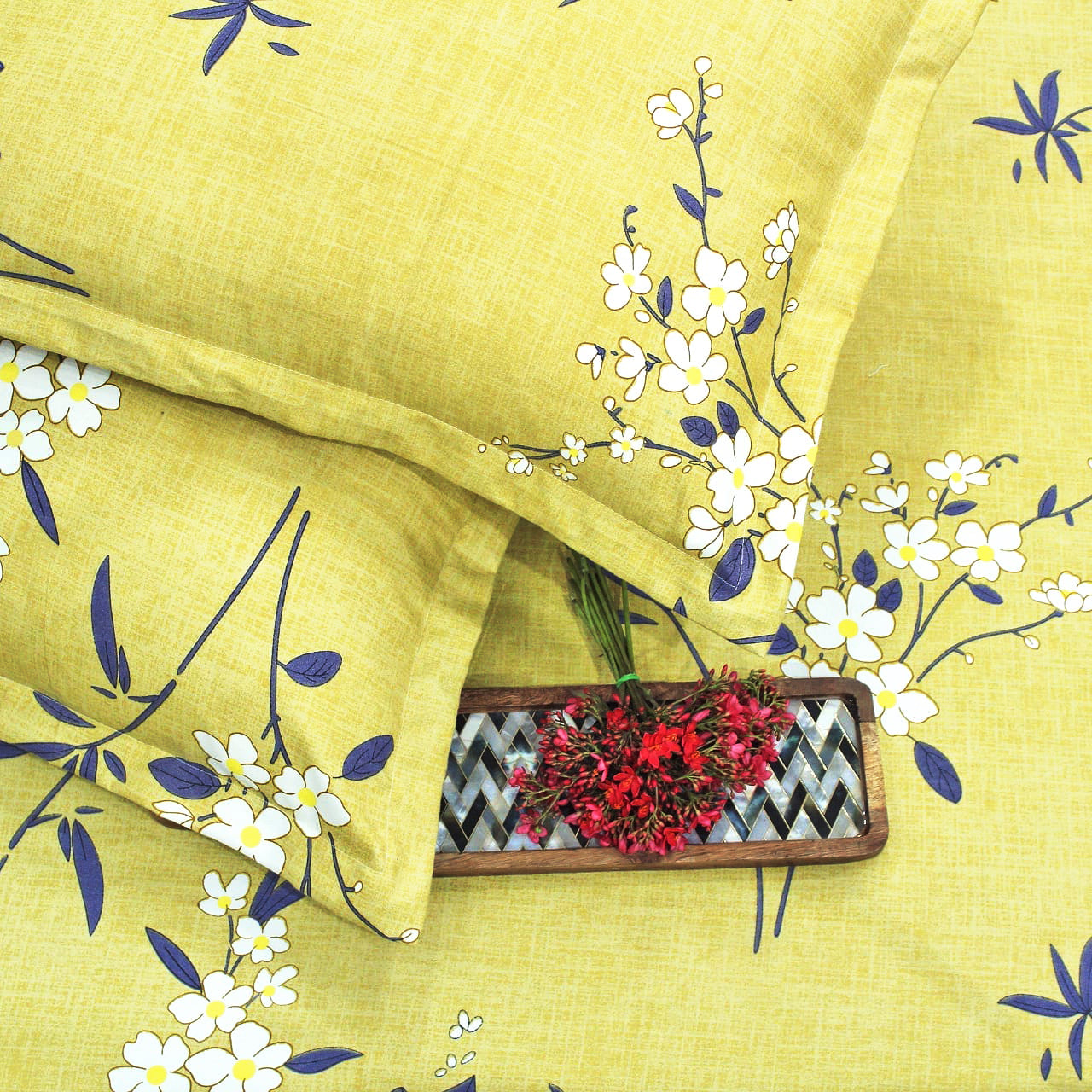Floral 210 TC olive fitted bedsheet with matching pillow covers 