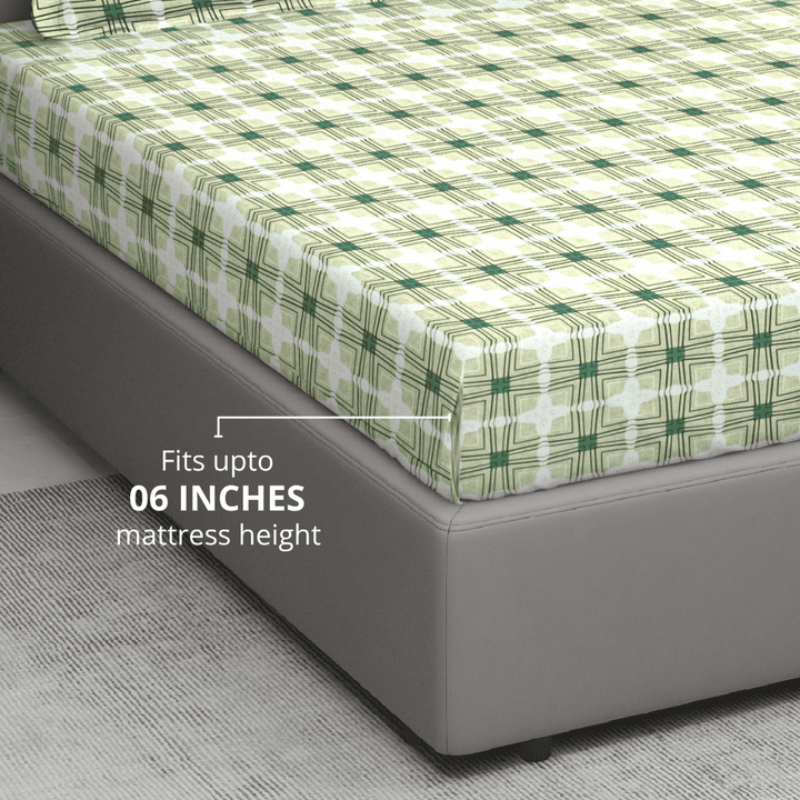 Cotton blend fitted bedsheet with green and beige geometric print fits up to 6 inches mattress height