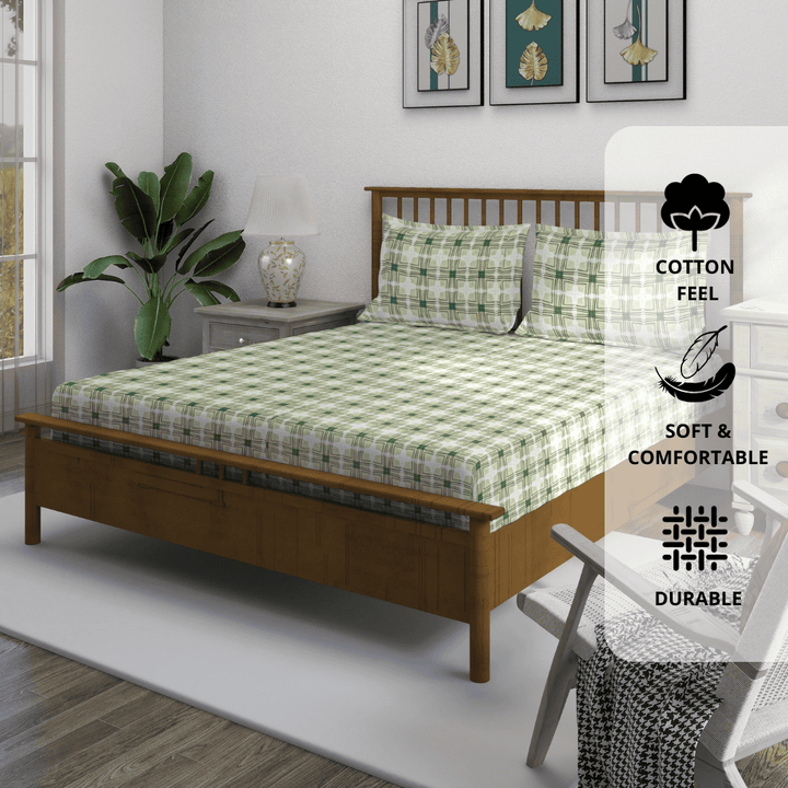 Green and beige geometric printed cotton blend double bedsheet styled