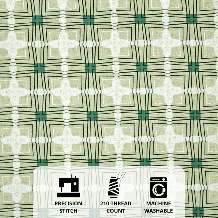 Cotton blend double bedsheet with green and beige geometric check print