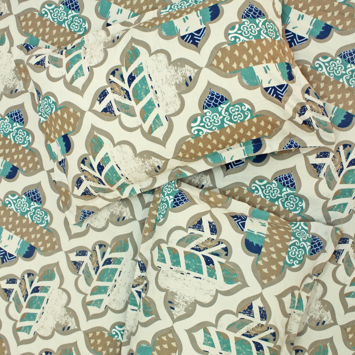 Cotton blend double bedsheet with blue and beige abstract print and matching pillow covers