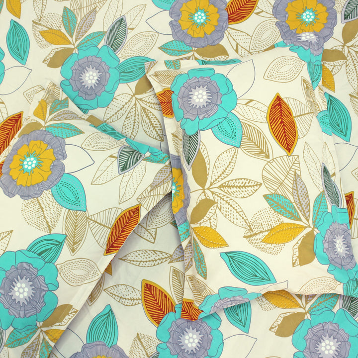 Cotton blend double bedsheet with teal and yellow floral print and matching pillow covers