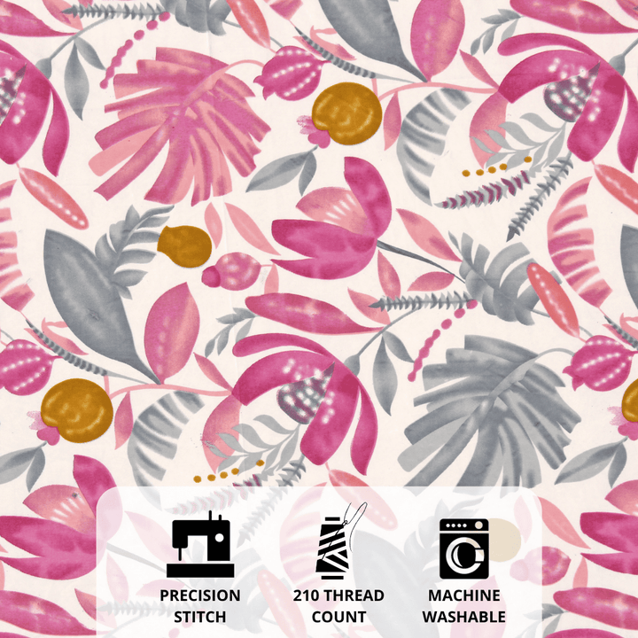 Cotton blend bedsheet fabric in pink and grey floral pattern with quality highlights