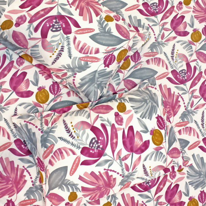 Cotton blend bedsheet set with pink and grey floral print and matching pillow covers