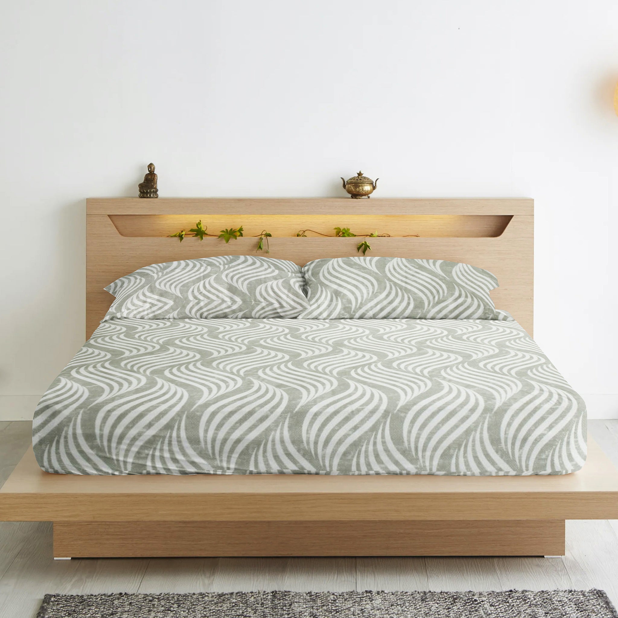 Cotton Abstract Print 210 TC King Size Fitted Bedsheet In Grey At Best Prices
