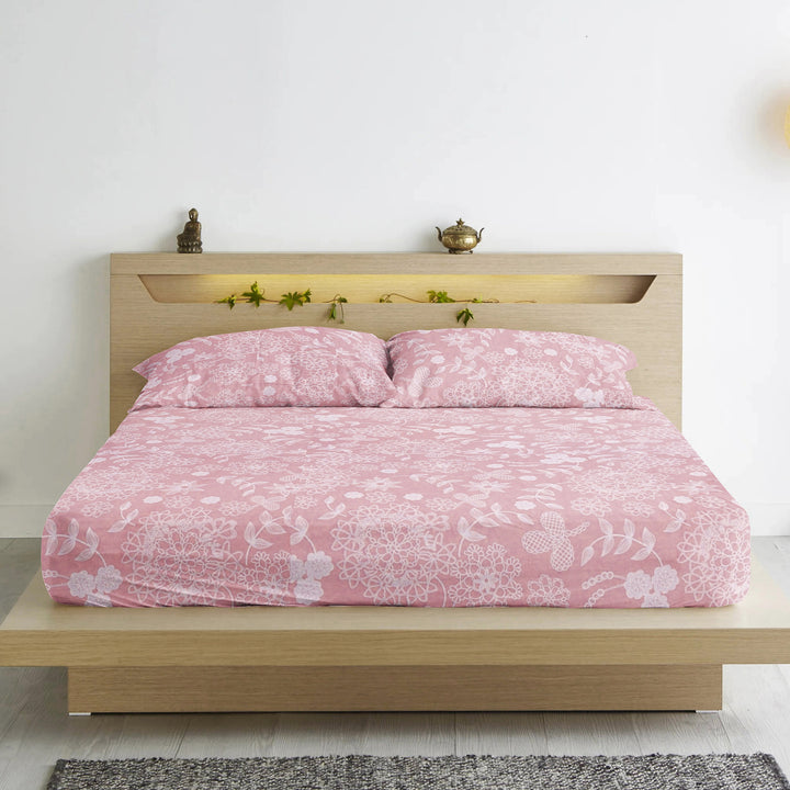 Stylish Peach 210 TC Cotton Floral Fitted Bedsheet At Best Price