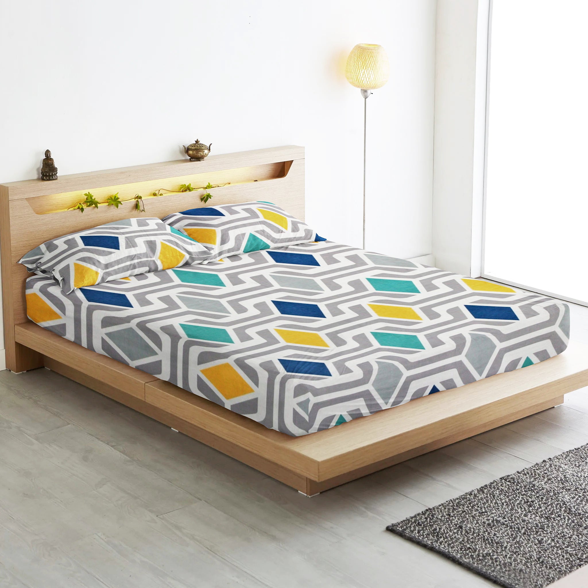 Cotton Geometrical Print 210 TC King Size Fitted Bedsheet In Multicolor Online In India