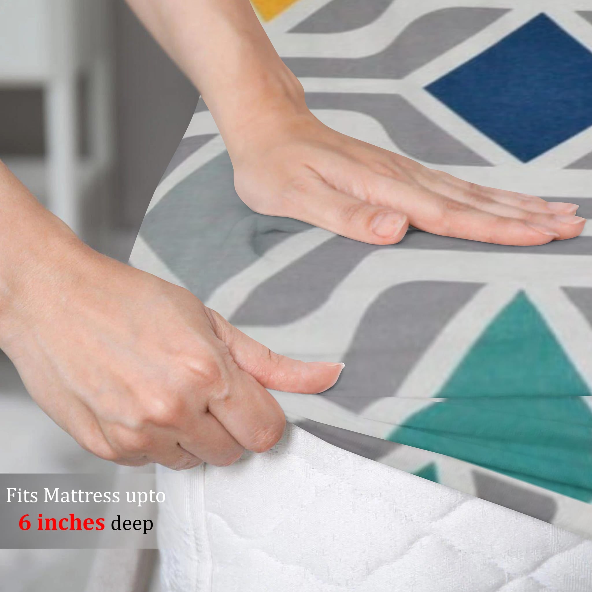 Cotton Geometrical Print 210 TC King Size Fitted Bedsheet In Multicolor Online In India