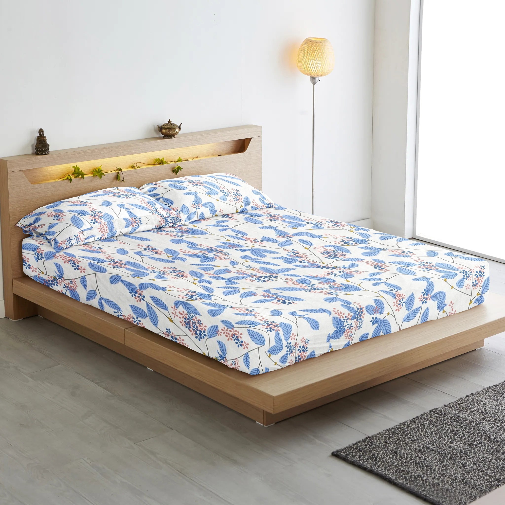 Cotton Floral Print 210 TC King Size Fitted Bedsheet In Blue At Best Prices