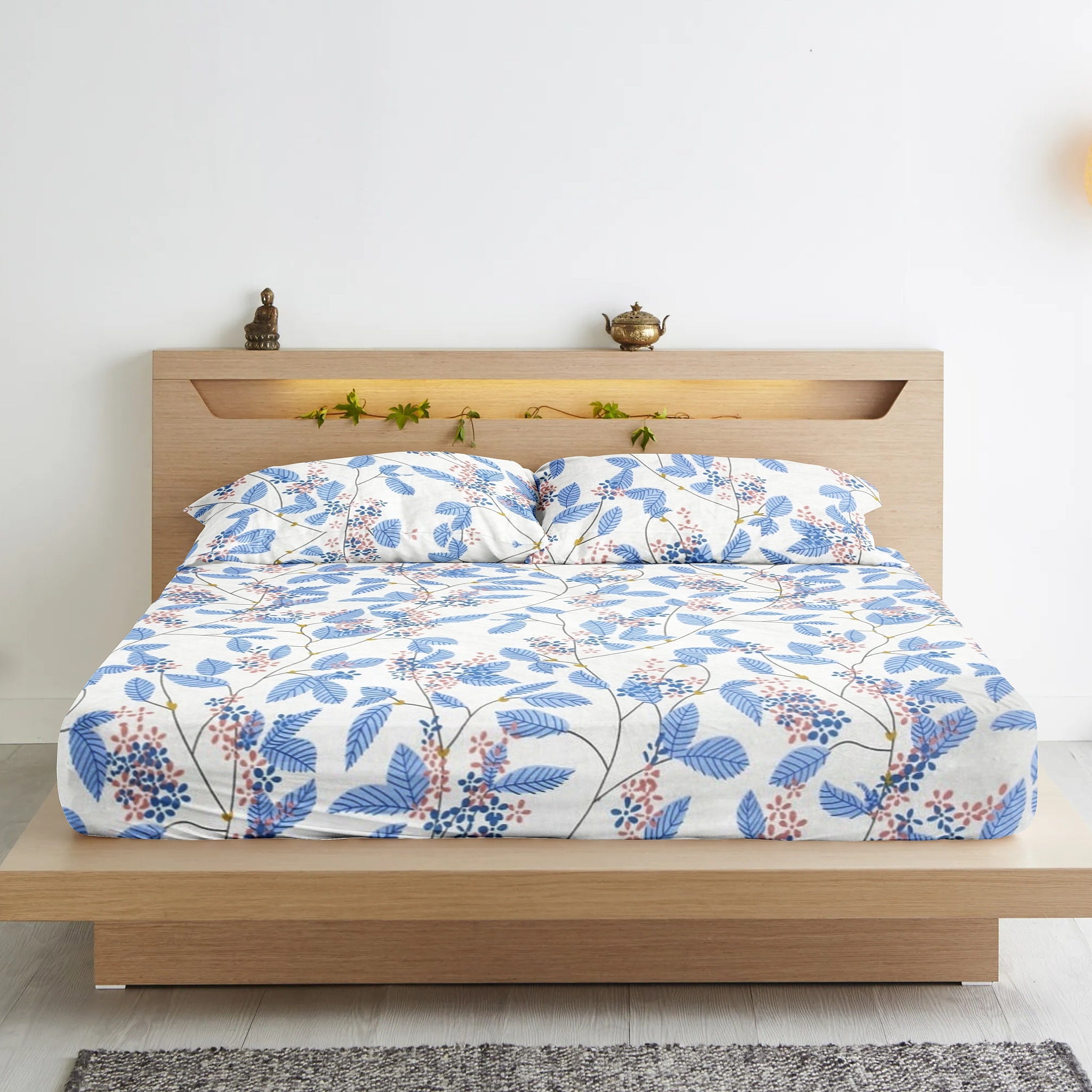 Cotton Floral Print 210 TC King Size Fitted Bedsheet In Blue At Best Prices