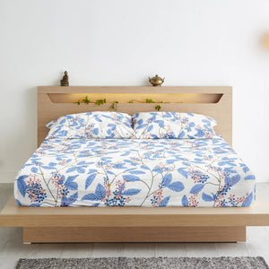 Cotton Floral Print 210 TC King Size Fitted Bedsheet In Blue At Best Prices