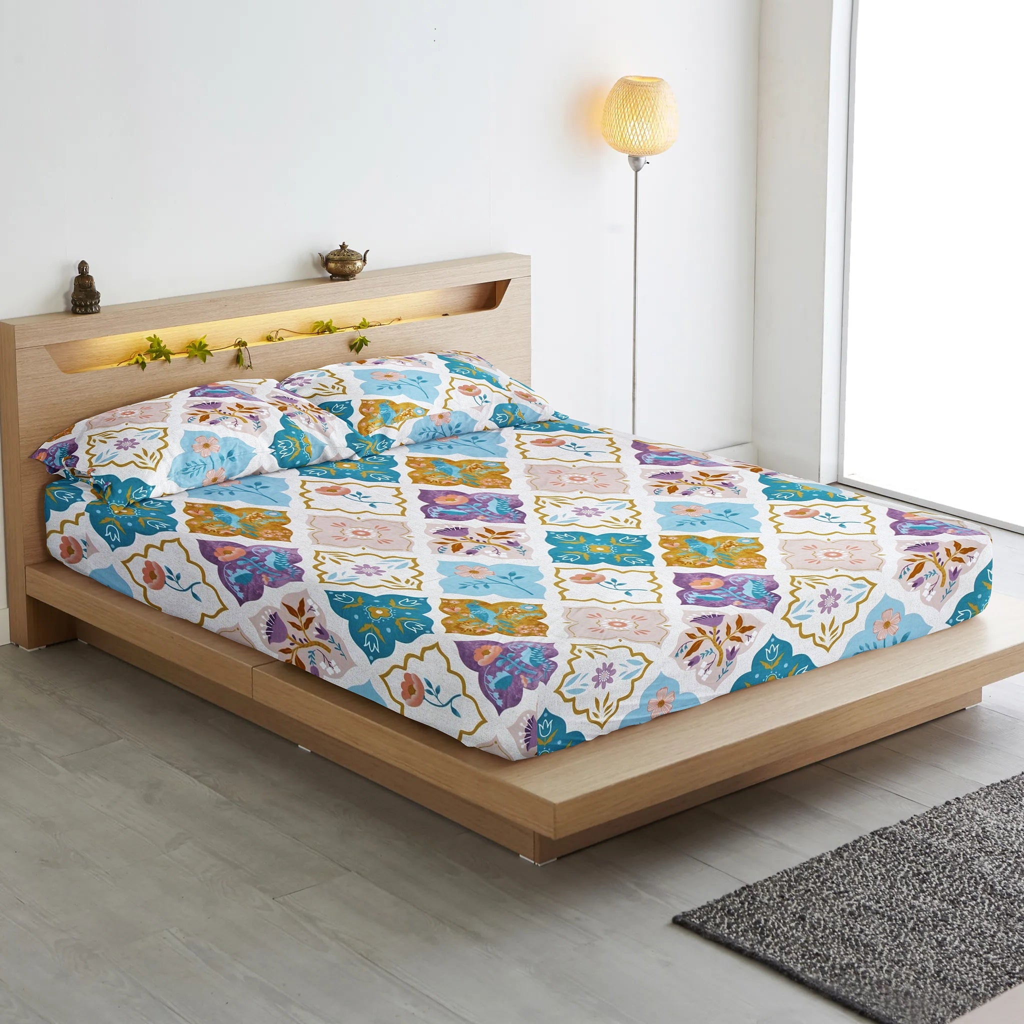 Cotton Floral Print 210 TC King Size Fitted Bedsheet In Multicolor At Online