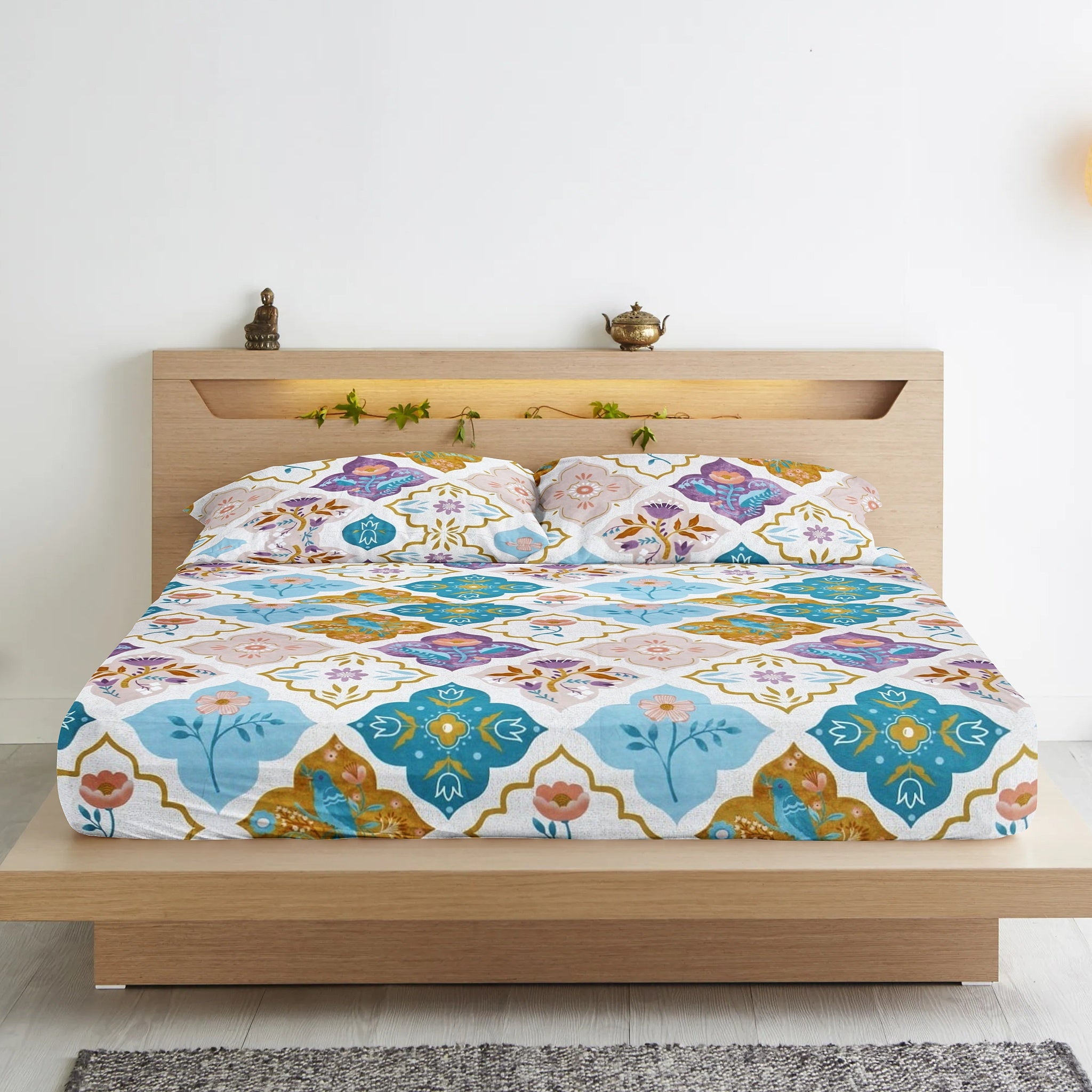Cotton Floral Print 210 TC King Size Fitted Bedsheet In Multicolor At Online