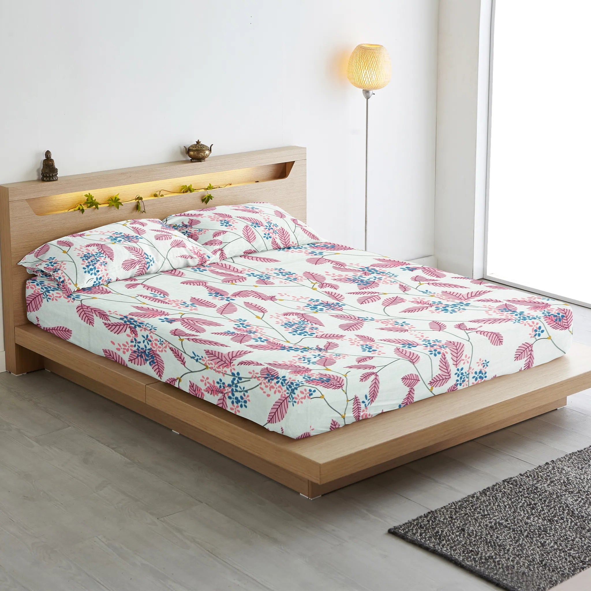 Cotton Floral Print 210 TC King Size Fitted Bedsheet In Magenta At Best Prices