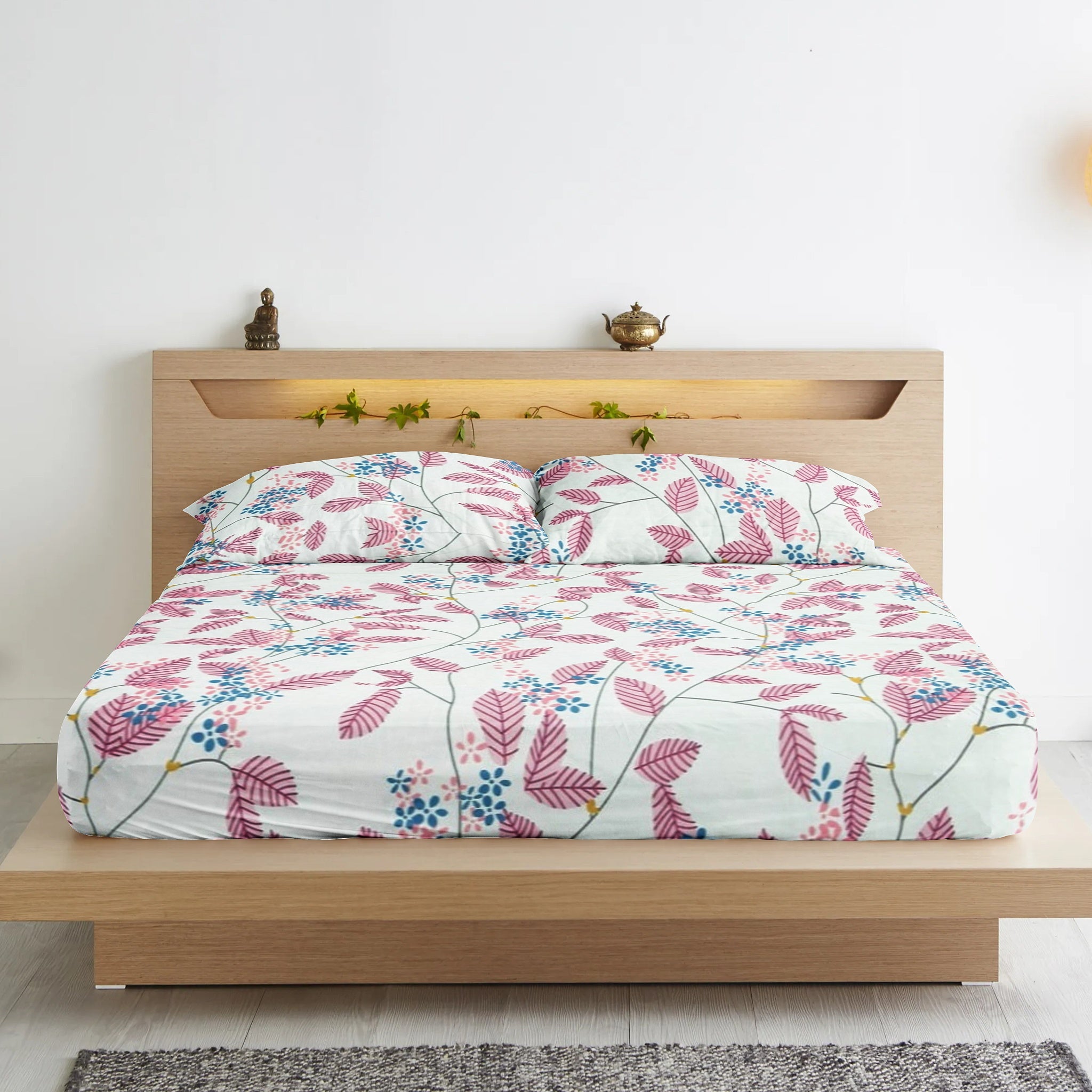 Cotton Floral Print 210 TC King Size Fitted Bedsheet In Magenta At Best Prices