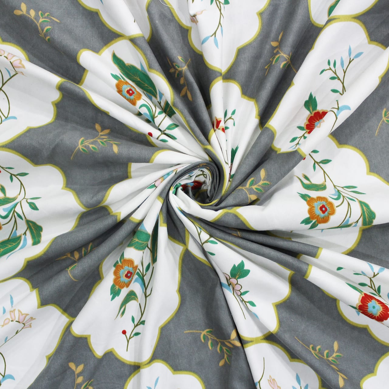 Cotton Floral Print 210 TC King Size Fitted Bedsheet In Grey At Best Prices