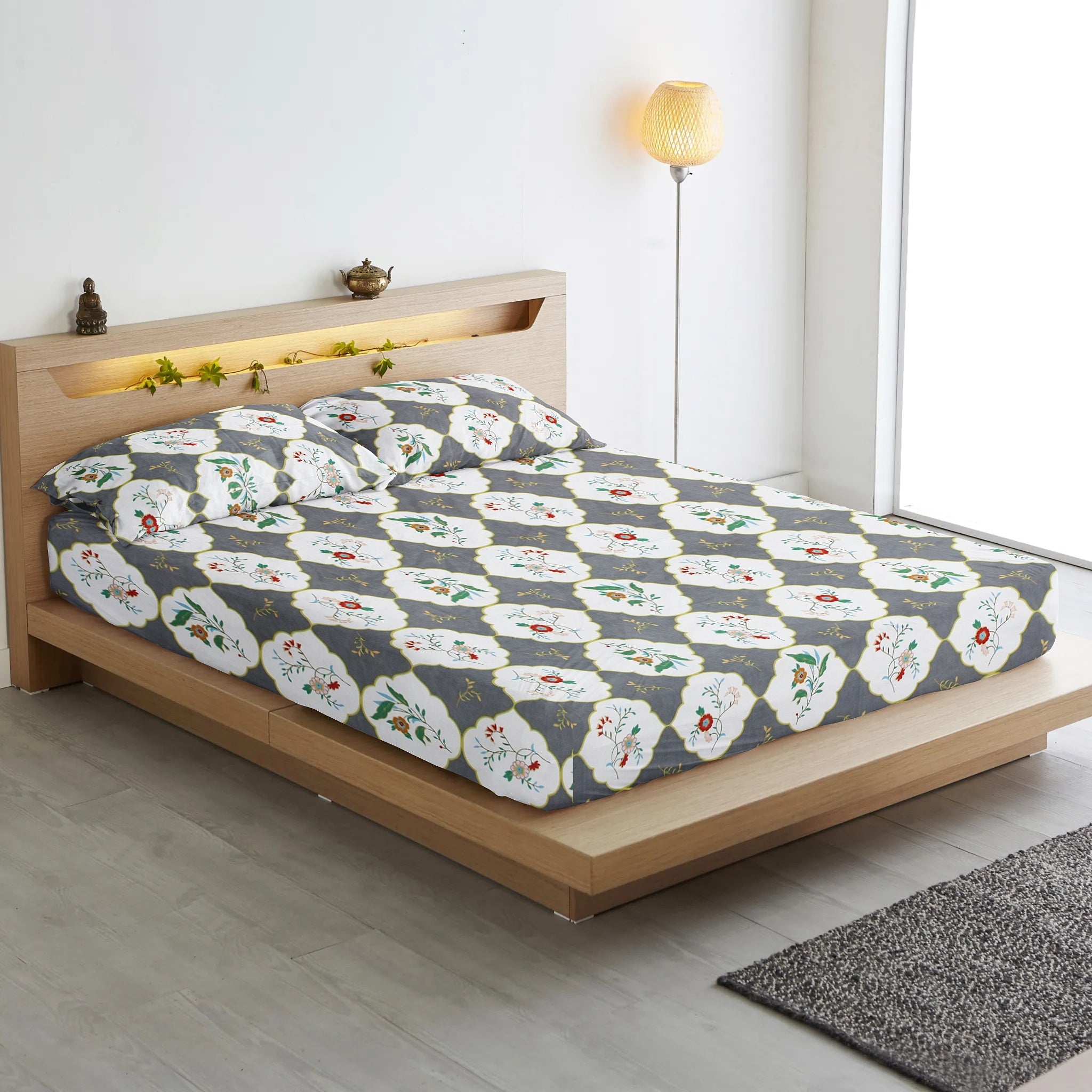 Soft Cotton Floral Print 210 TC Flat Bedsheet In Grey At Best Prices