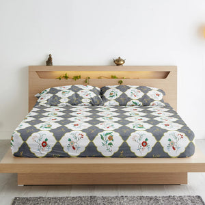 Cotton Floral Print 210 TC King Size Fitted Bedsheet In Grey At Best Prices
