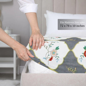 Cotton Floral Print 210 TC King Size Fitted Bedsheet In Grey At Best Prices