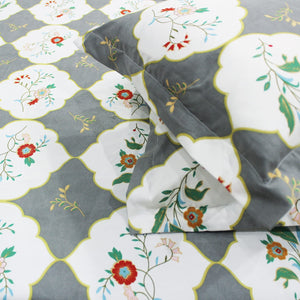 Cotton Floral Print 210 TC King Size Fitted Bedsheet In Grey At Best Prices 