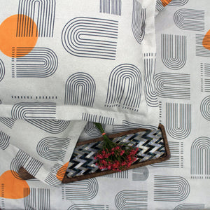 Cotton Abstract Print 210 TC King Size Flat Bedsheet In Grey