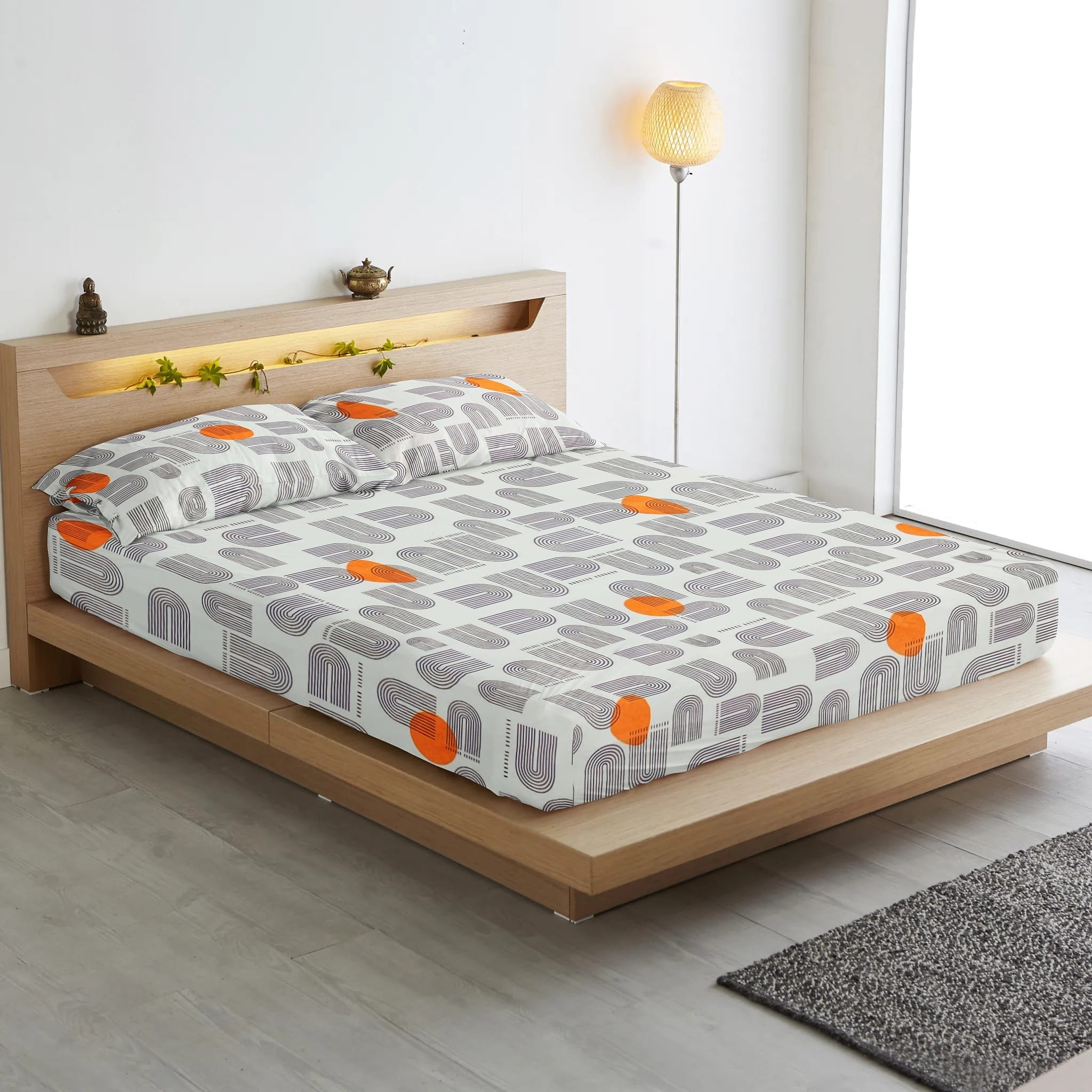 Cotton Abstract Print 210 TC King Size Flat Bedsheet In Grey