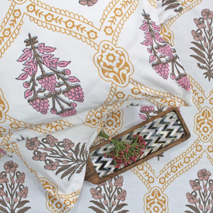 Cotton Floral Print 210 TC King Size Fitted Bedsheet In Mustard At Best Prices