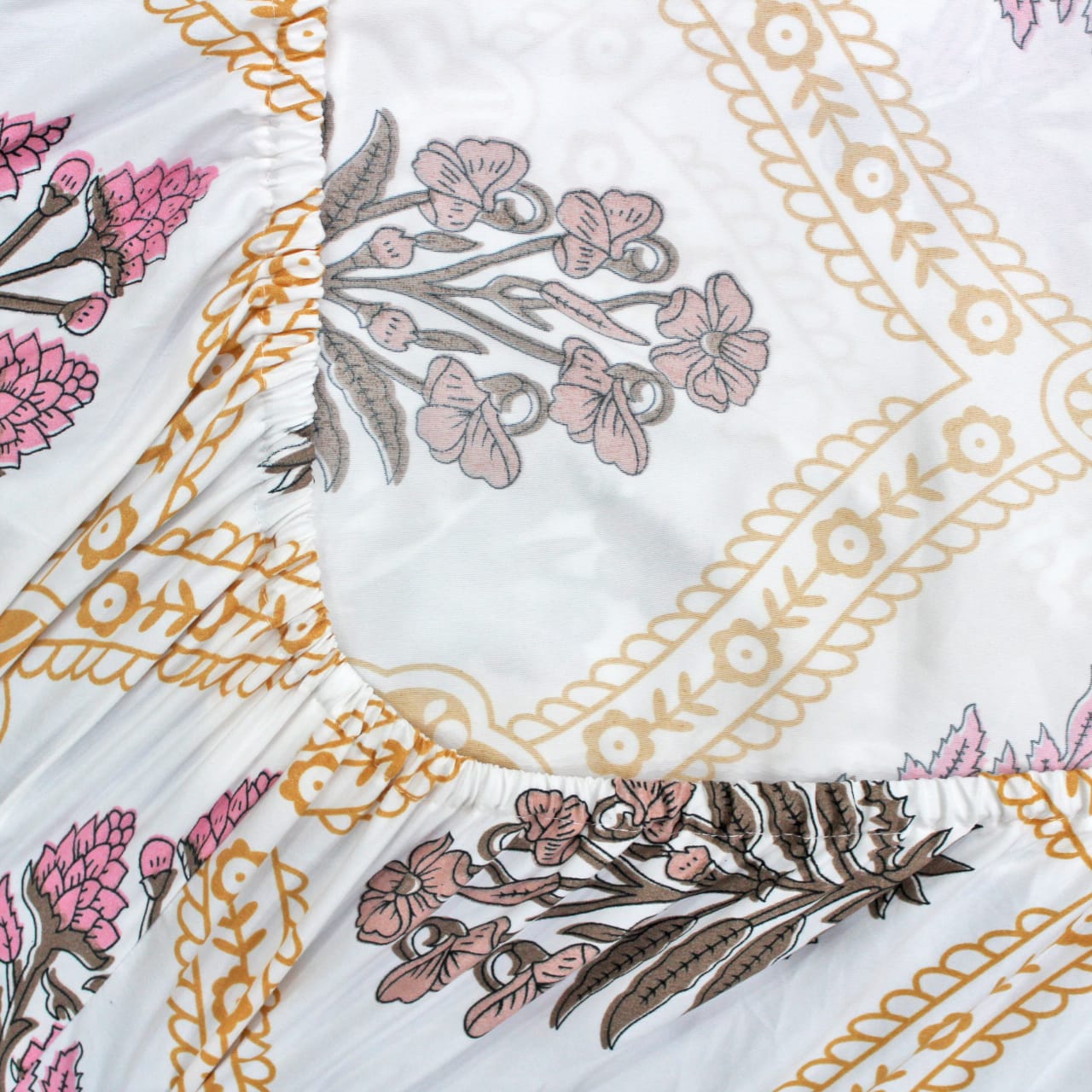 Cotton Floral Print 210 TC King Size Fitted Bedsheet In Mustard At Best Prices