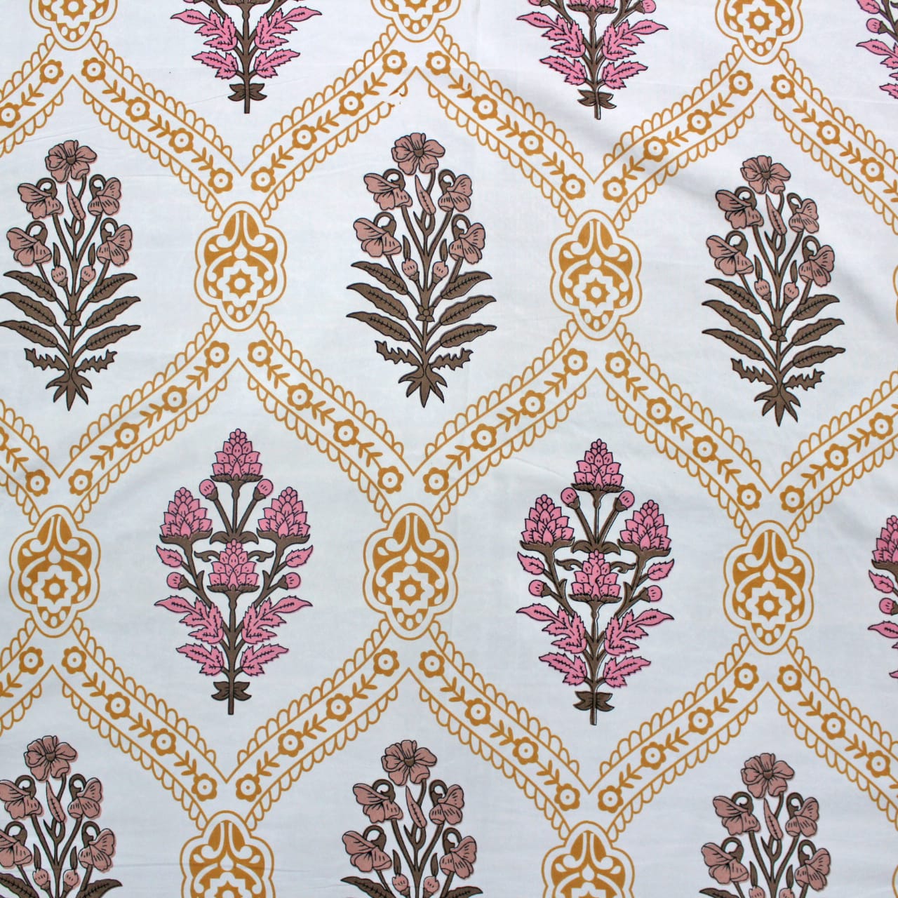 Cotton Floral Print 210 TC King Size Fitted Bedsheet In Mustard At Best Prices