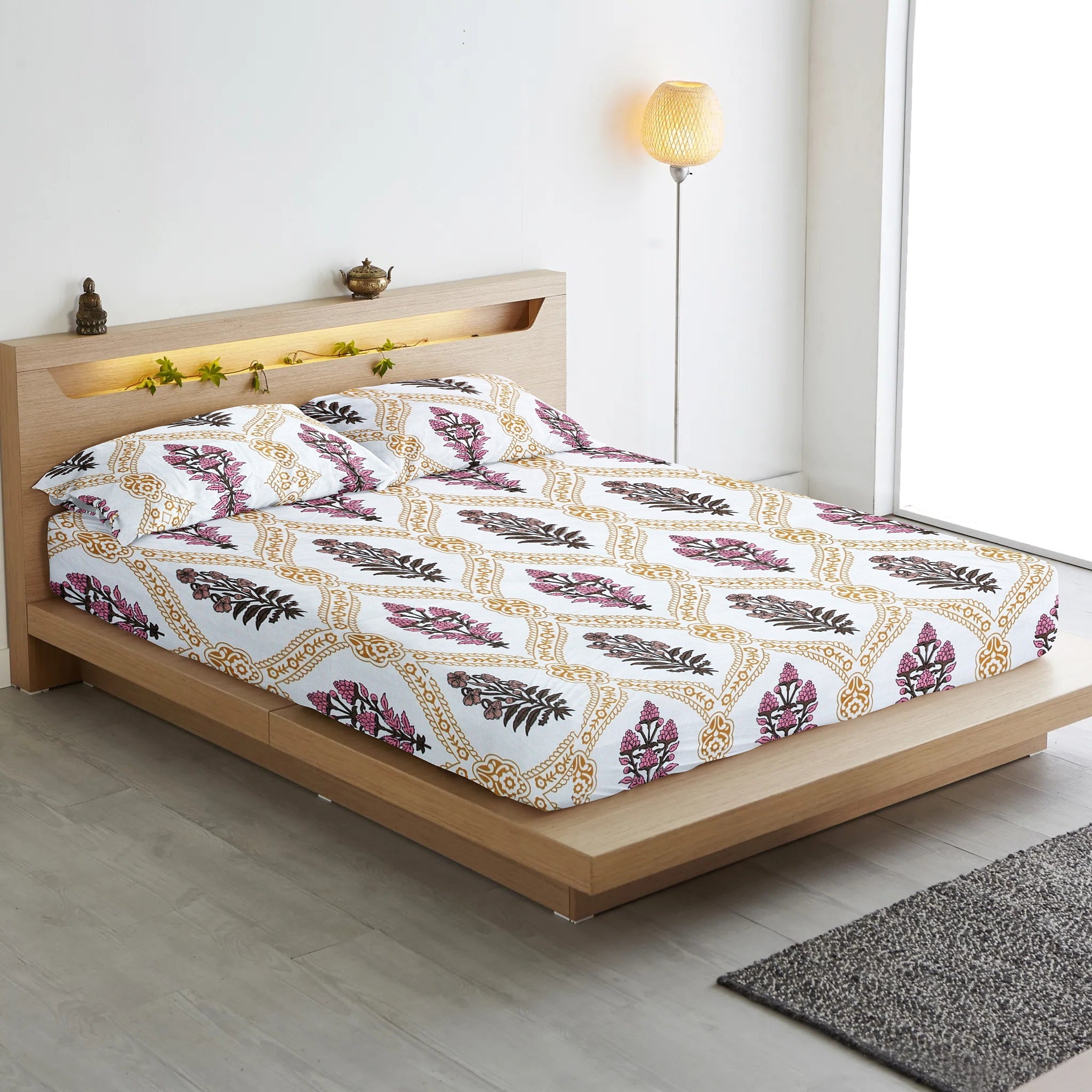 Cotton Floral Print 210 TC King Size Fitted Bedsheet In Mustard At Best Prices