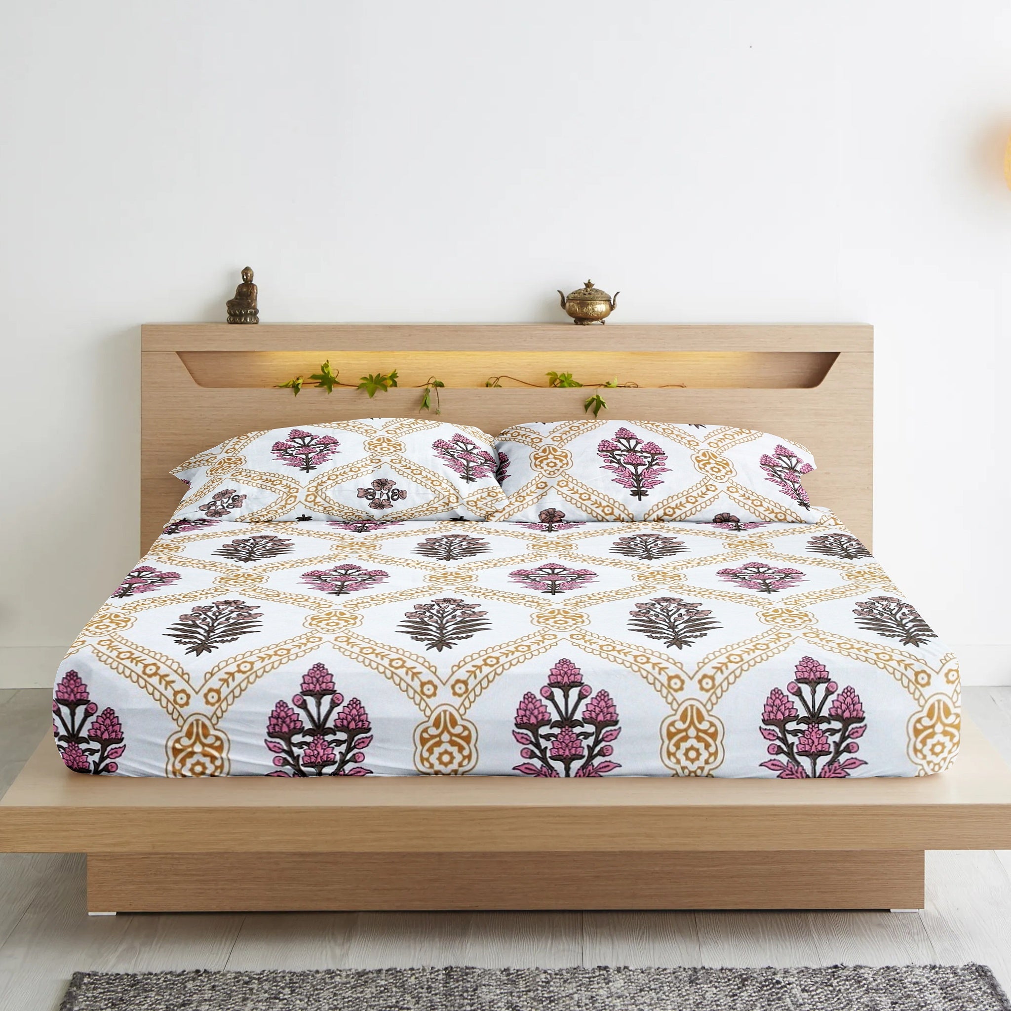 Cotton Floral Print 210 TC King Size Fitted Bedsheet In Mustard At Best Prices