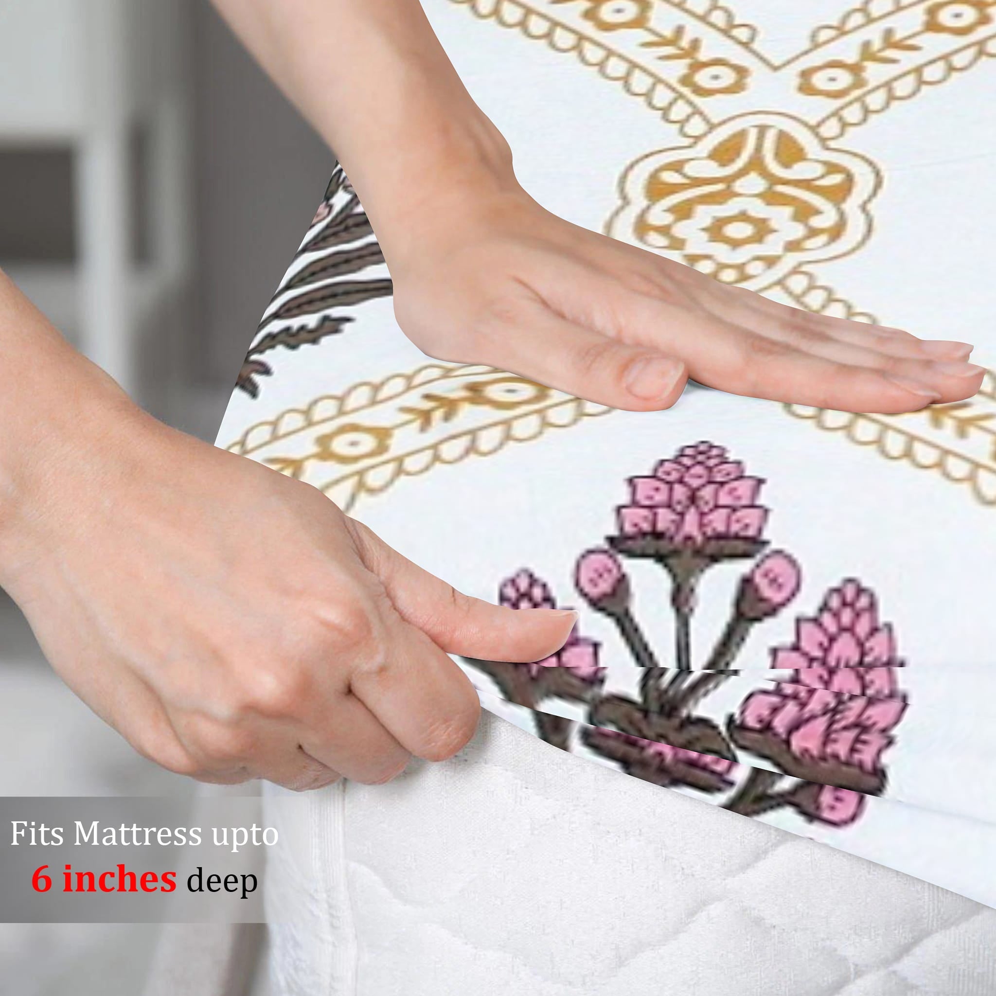 Cotton Floral Print 210 TC King Size Fitted Bedsheet In Mustard At Best Prices