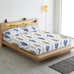 Cotton Floral Print 210 TC king Size Fitted Bedsheet In Blue At Best Prices