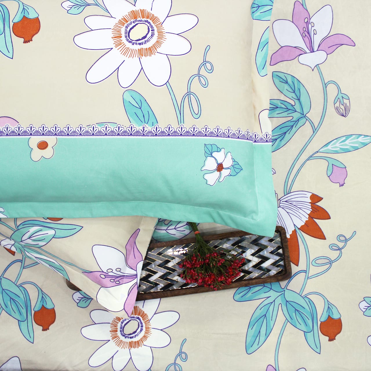 Cotton Floral Print 210 TC King Size Fitted Bedsheet In Aqua At Best Prices