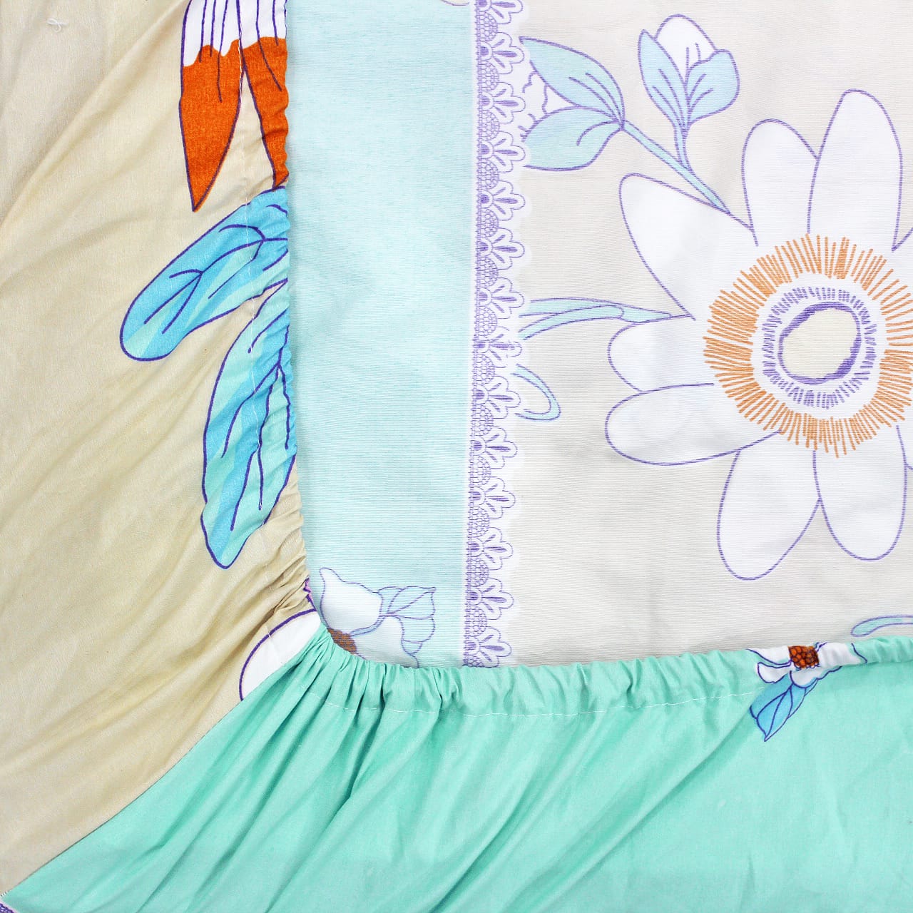 Cotton Floral Print 210 TC King Size Fitted Bedsheet In Aqua At Best Prices